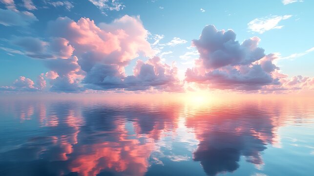 Wispy pastel clouds floating upward from calm reflective water beneath a clear blue sky