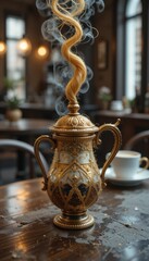 Elegant Ornate Gold Teapot with Blonde Hair Steam Rising in Cafe Setting