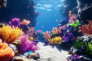 Naklejka premium Experience a stunning coral reef underwater scene filled with vibrant colors, diverse marine life, and soft sunlight illuminating the tranquil surroundings.
