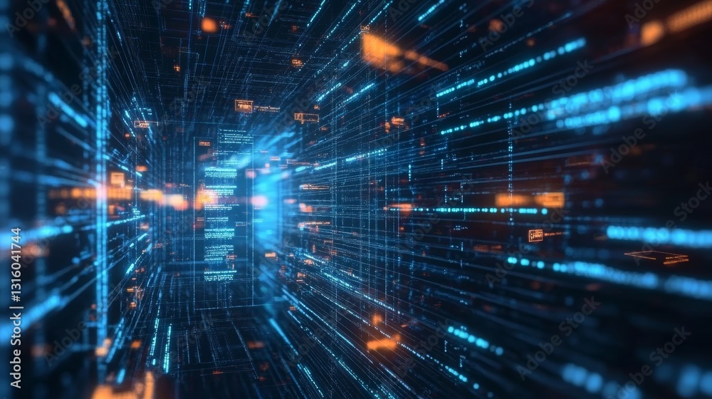 Poster immerse yourself in this abstract digital background that showcases glowing data streams in a 3d spa