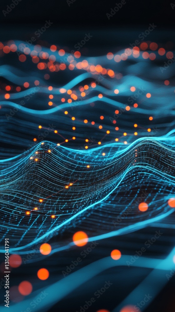 Poster abstract digital wave patterns with illuminated dots and flowing light effects in a virtual space