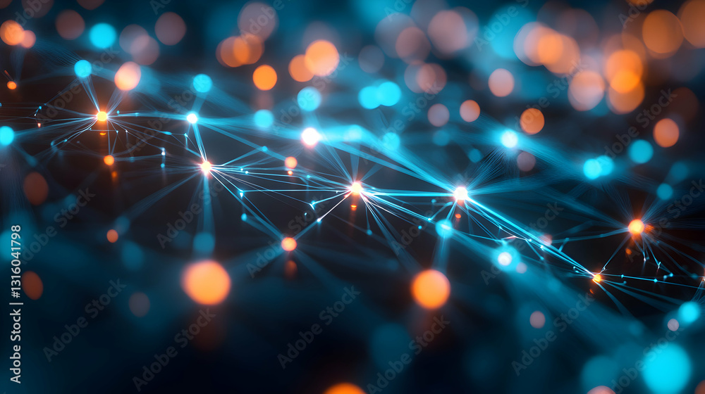 Poster Interconnected nodes of network with luminous traces creating a complex system.