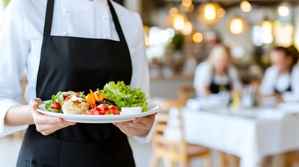 A dedicated restaurant server presenting a delicious plate of food in a beautifully decorated dining space