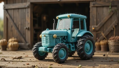 Fototapeta premium Blue Toy Tractor near Rustic Barn Autumnal Scene Farm Lifestyle