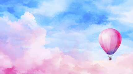 Fototapeta premium serene watercolor illustration of hot air balloon floating in pastel sky filled with fluffy clouds, evoking sense of tranquility and adventure