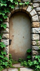 Naklejka premium Ancient stone wall with rustic texture and vines growing through, vine, natural