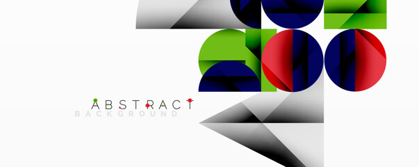 Modern abstract composition with layered circles and angular segments featuring gradients, transparency effects, and a structured geometric layout