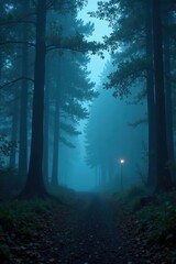 Fototapeta premium A thick fog veils a mystical forest at twilight, fog, twilight, nature
