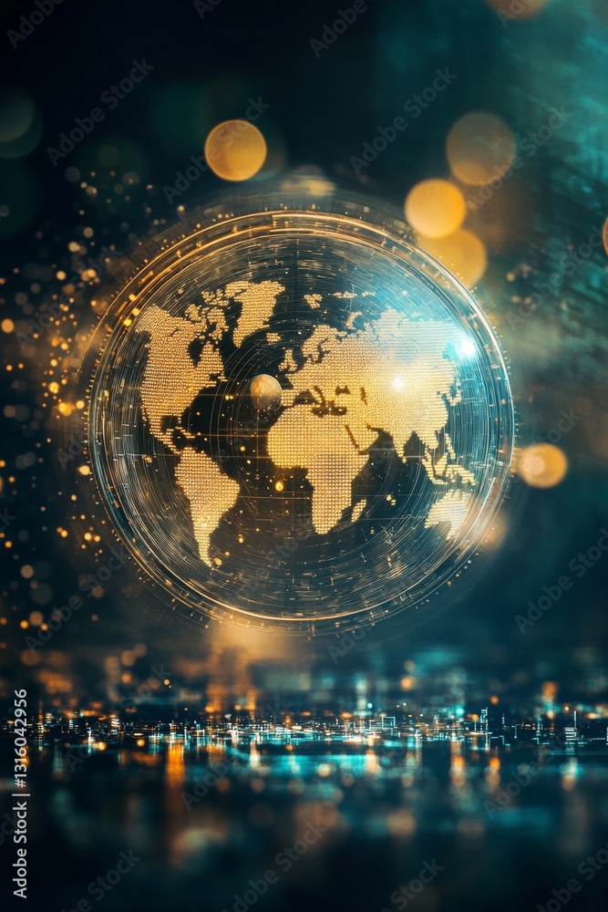 Poster globe representing digital connectivity and global network with abstract lights and bokeh effects