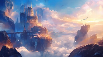 Fototapeta premium Majestic Skybound Castle A Fantasy Realm in the Clouds
