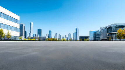 Empty Asphalt Road and Modern City Skyline with Bright Blue Sky and White Clouds