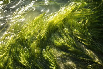 The delicate texture of algae filaments glowing in the afternoon light.