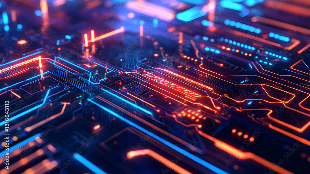 Poster circuit board with flowing data signals for technological concepts and digital systems