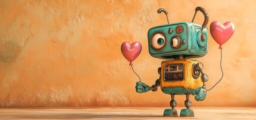 On a beige background, a robot can be seen clutching a balloon shaped like a heart, complete with a tiny red robotic heart at the balloon's terminus