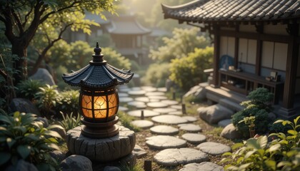 Fototapeta premium Serene Japanese Garden Path Illuminated Lantern Stone Walkway