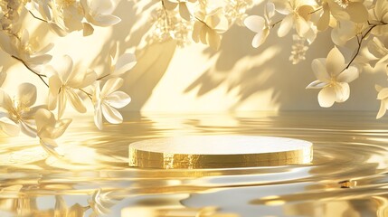 Golden Stage of Nature's Harmony: A serene golden stage emerges from tranquil water amidst a backdrop of delicate floral blooms and soft shadows. Capturing the sense of elegant refinement.