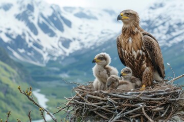 Fototapeta premium Majestic Eagle With Chicks in Nest Amidst Snow-Capped Mountains at Dusk