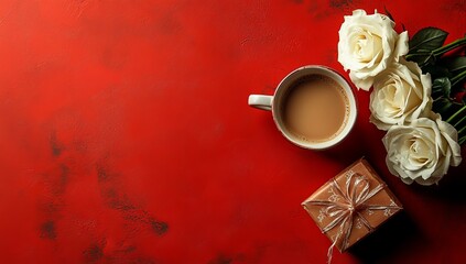A Saint Valentine's Day concept photo, taken from above, displays gift boxes, ribbon bows, white roses, and a cup of fresh coffee positioned on an isolated red background