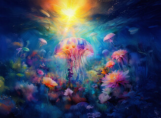 Naklejka premium Luminous jellyfish float in a vibrant underwater world. Sunlight streams from the background, illuminating the colorful marine scene.