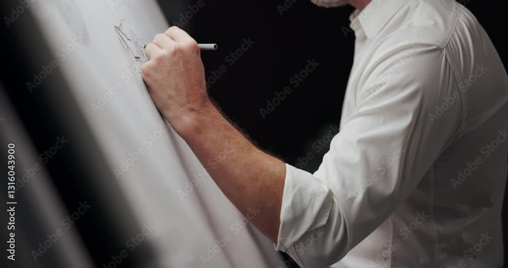 Poster hands, architect and paper with building design, night or creativity for editing process at company.