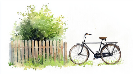 watercolor painting of bicycle next to wooden fence and greenery, evoking serene countryside vibe