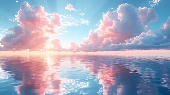 Graceful pastel clouds emerging from smooth reflective water under a soft blue sky