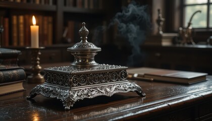 Obraz premium Antique Silver Inkwell on Wooden Desk with Books and Candle
