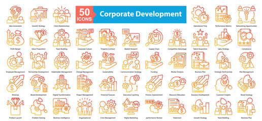 Corporate Development icon sheet outline gradient Idea Generation, Property Contract, Change Management, Digital Transformation, Problem Solving, Growth Strategy, Client Relationships, Operational