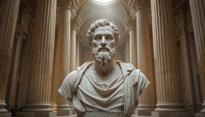 Naklejka premium Majestic Marble Bust of Ancient Greek Philosopher in Grand Classical Hallway