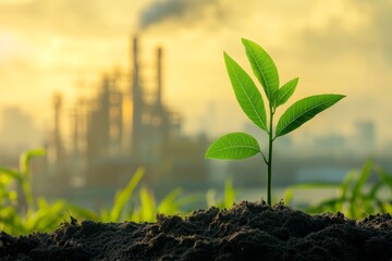 A young green plant emerges from rich soil, contrasting with an industrial backdrop. This image symbolizes hope for a sustainable future amidst environmental challenges.