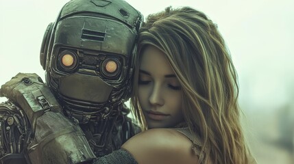 A romantic cyber couple, consisting of a cyborg robot and a woman, are sharing a loving hug, set against a stock-inspired futuristic background
