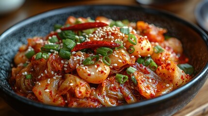 Fototapeta premium A bowl of spicy kimchi and rice cake with green onions and red chili peppers, on a dark wooden surface