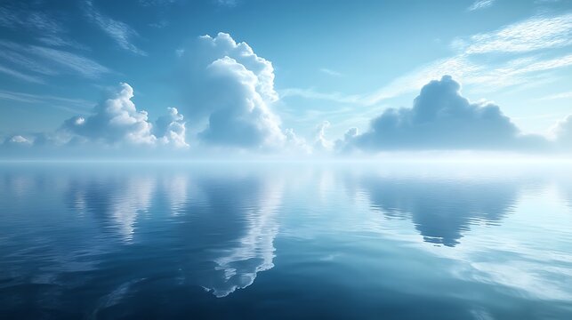 Ethereal pastel mist floating softly above calm reflective water under a vast blue sky