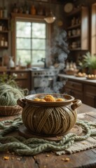 Rustic Kitchen Still Life Steaming Bowl of Citrus Fruits on Wooden Table with Yarn