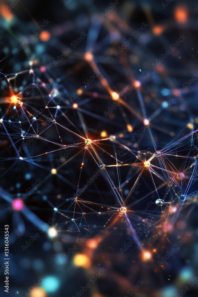 Poster abstract digital network visualization featuring interconnected nodes and colorful lights