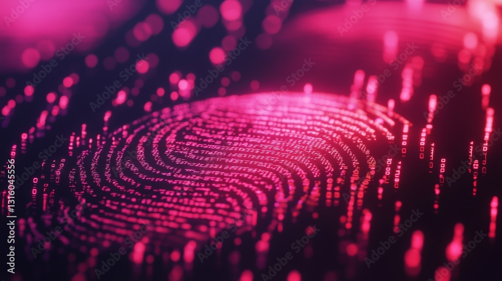 Poster this abstract image features a vibrant digital fingerprint intertwined with glowing binary code, sym
