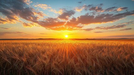 Fototapeta premium A field of golden wheat is back-lit by a vibrant sunrise, clouds dappling the light and casting shadows