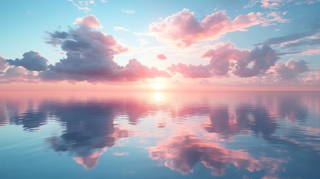 Delicate pastel clouds floating gently above still reflective water under a soft blue sky