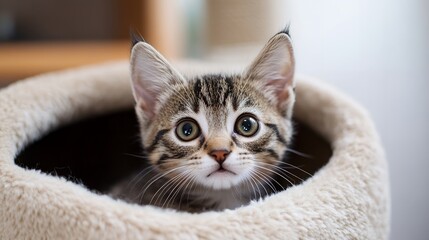 Adorable Kitten Relaxing in Cozy Cat Bed Soft Fur pet cute grey eyes home calm young small