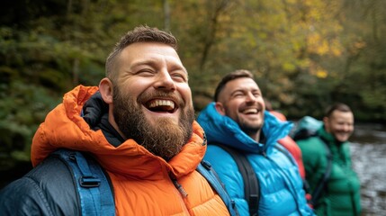 A group of laughing coworkers in colorful jackets enjoy a team-building adventure in a lush, vibrant nature setting.