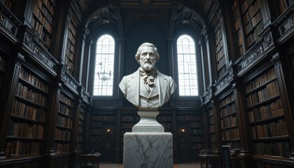 Fototapeta premium Marble Bust of a Man in a Grand Old Library with Bookshelves