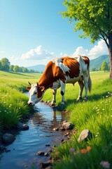 Cow grazing near a small stream with a clear blue sky, serene atmosphere, stream