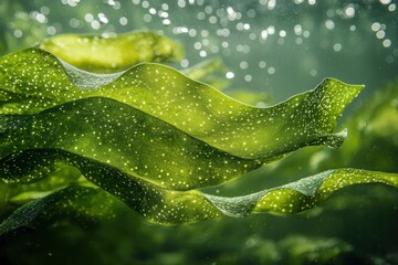 Underwater green seaweed with white spots in a clear water environment with light bokeh effect creating a serene and natural aquatic scene