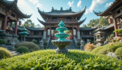 Fototapeta premium Serene Asian Temple Garden Fountain Peaceful Tranquil Water Feature