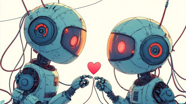 Two robots are joined in a gesture of affection, symbolized by a radiant heart representing love and unity