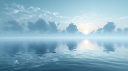 Airy pastel mist emerging gracefully from a calm reflective water surface beneath a soft blue sky