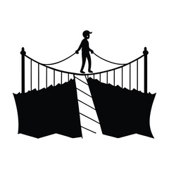 Silhouette of a Person Crossing a Rope Bridge High Above Ground