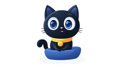 Obraz premium Adorable Black Kitten in Blue Bed: Digital Illustration AI Generated