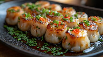 Artistic dumplings with crispy edges illuminated against a dark plate with vibrant green garnish