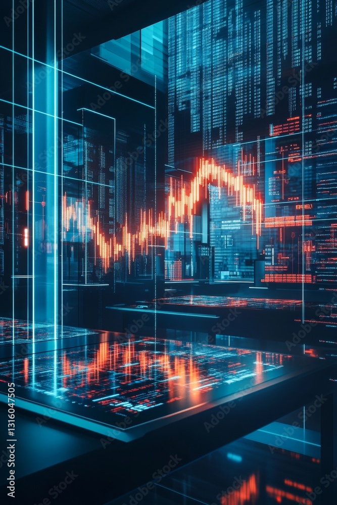 Poster futuristic data visualization with dynamic graphs and neon patterns in a high-tech financial environ